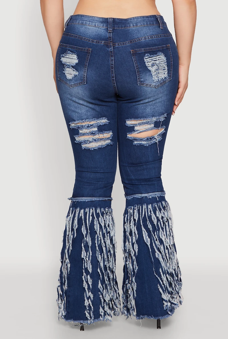 Womens Plus Size Distressed Fringe Hem Flare Jeans, Blue, Size 22