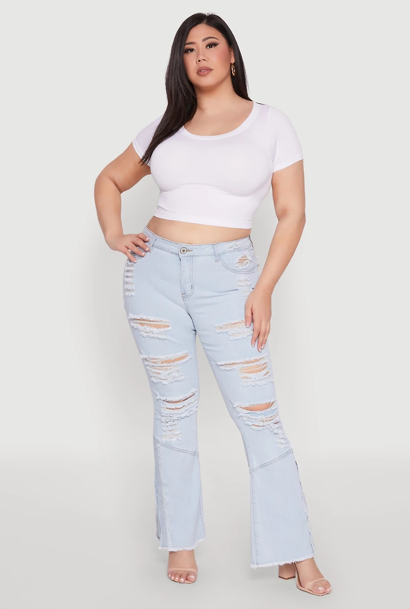 Womens Plus Size Distressed Flared Jeans, Blue, Size 14