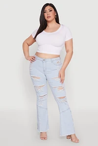 Womens Plus Size Distressed Flared Jeans, Blue, Size 14