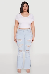 Womens Plus Size Distressed Flared Jeans, Blue, Size 14