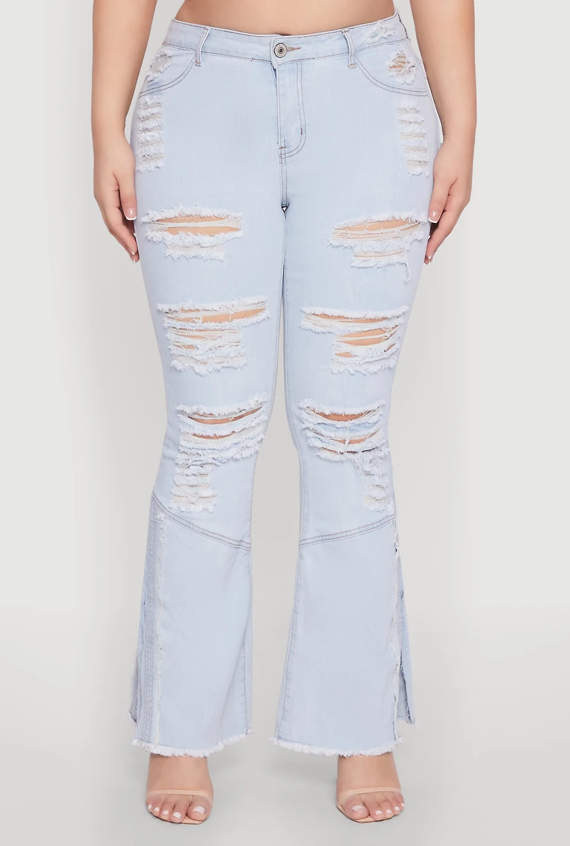 Womens Plus Size Distressed Flared Jeans, Blue, Size 14