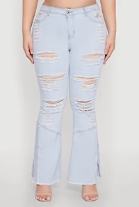 Womens Plus Size Distressed Flared Jeans, Blue, Size 14