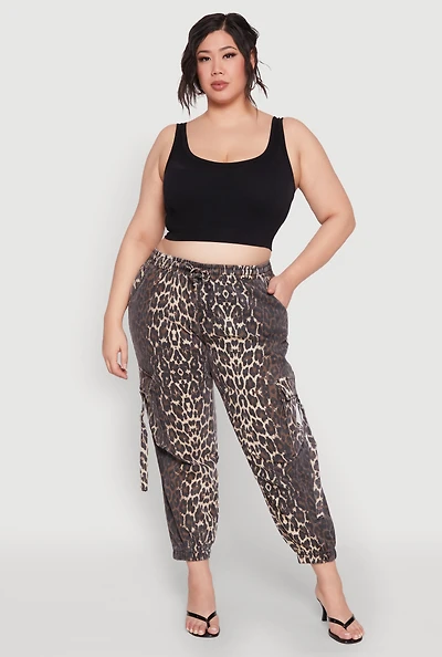 Plus Leopard Print Denim Cargo Joggers