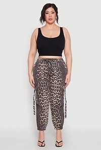 Womens Plus Size Leopard Print Denim Cargo Joggers, Brown, Size 1X