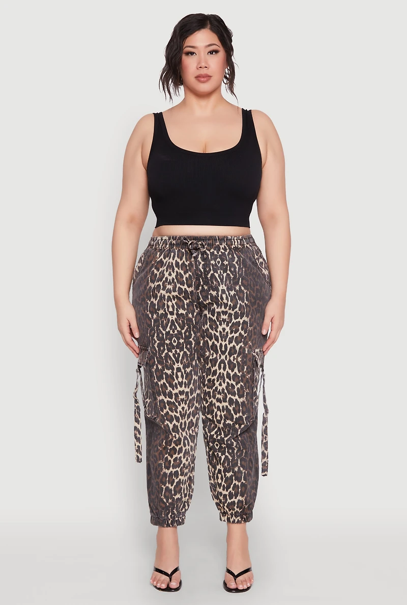 Womens Plus Size Leopard Print Denim Cargo Joggers, Brown, Size 3X