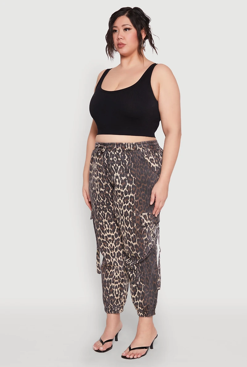 Womens Plus Size Leopard Print Denim Cargo Joggers, Brown, Size 3X