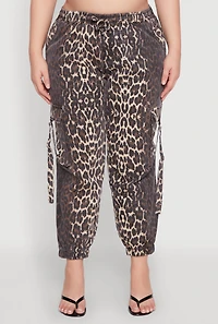 Womens Plus Size Leopard Print Denim Cargo Joggers, Brown, Size 1X