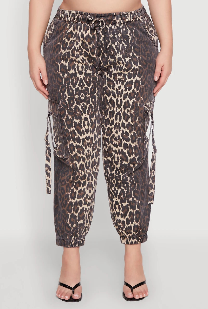 Womens Plus Size Leopard Print Denim Cargo Joggers, Brown, Size 3X