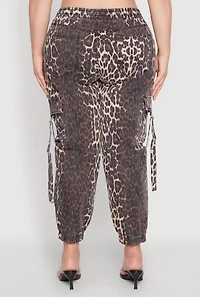Womens Plus Size Leopard Print Denim Cargo Joggers, Brown, Size 1X