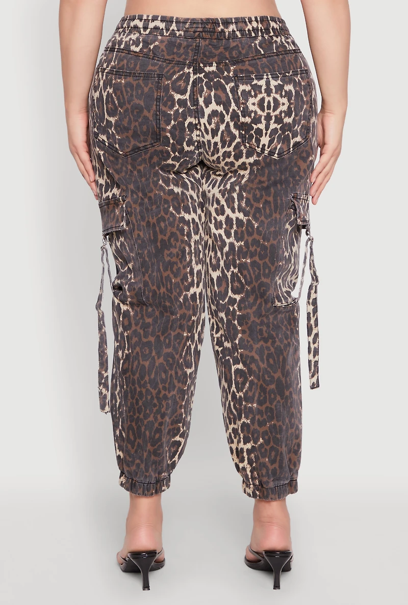 Womens Plus Size Leopard Print Denim Cargo Joggers, Brown, Size 3X