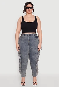Womens Plus Mineral Wash Side Fringe Jeans, Blue,