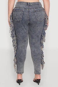 Womens Plus Mineral Wash Side Fringe Jeans, Blue,