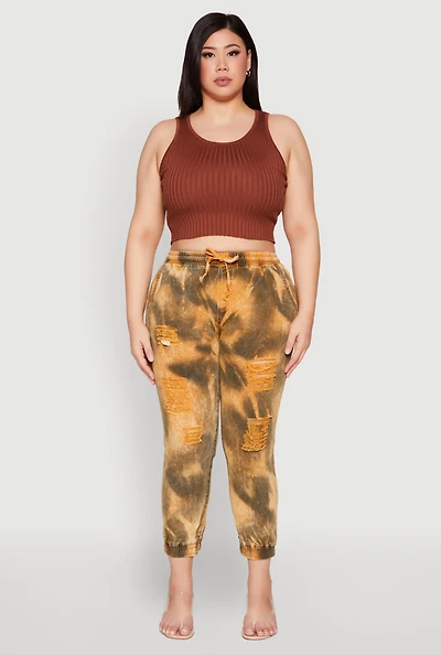 Plus Mineral Wash Distressed Denim Joggers