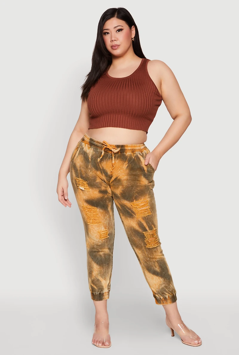 Womens Plus Size Mineral Wash Distressed Denim Joggers, Multi, Size 1X