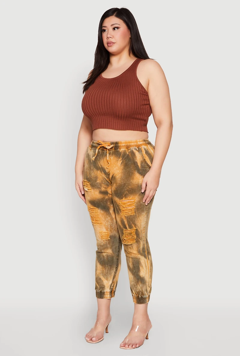 Plus Mineral Wash Distressed Denim Joggers