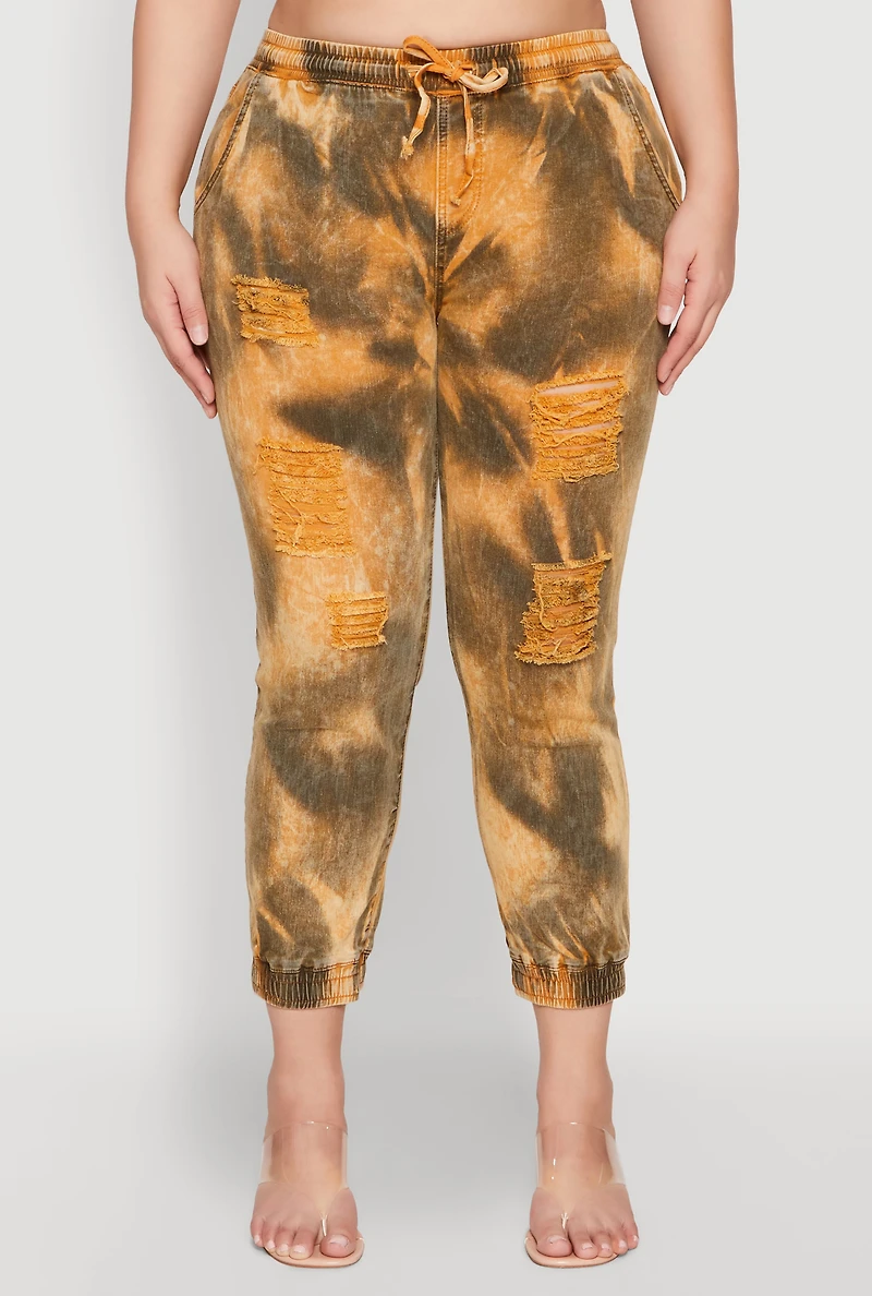 Womens Plus Size Mineral Wash Distressed Denim Joggers, Multi, Size 1X