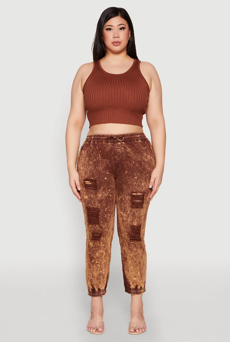 Womens Plus Size Mineral Wash Distressed Denim Joggers, Brown, Size 1X