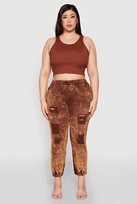 Womens Plus Size Mineral Wash Distressed Denim Joggers, Brown, Size 1X