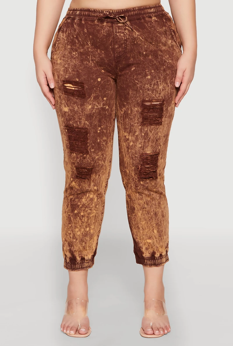 Womens Plus Size Mineral Wash Distressed Denim Joggers, Brown, Size 3X