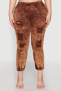 Womens Plus Size Mineral Wash Distressed Denim Joggers, Brown, Size 3X