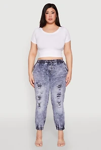 Womens Plus Size Mineral Wash Patch and Repair Denim Joggers, Blue, Size 1X