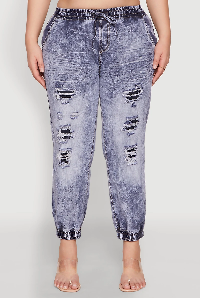 Womens Plus Size Mineral Wash Patch and Repair Denim Joggers, Blue, Size 1X