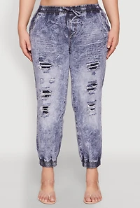 Womens Plus Size Mineral Wash Patch and Repair Denim Joggers, Blue, Size 1X