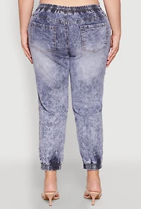 Womens Plus Size Mineral Wash Patch and Repair Denim Joggers, Blue, Size 1X