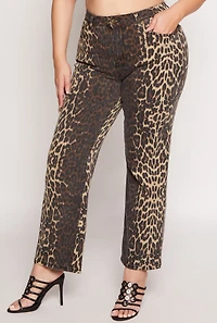 Womens Plus Size Leopard Print Two Tone Jeans, Brown, Size 24