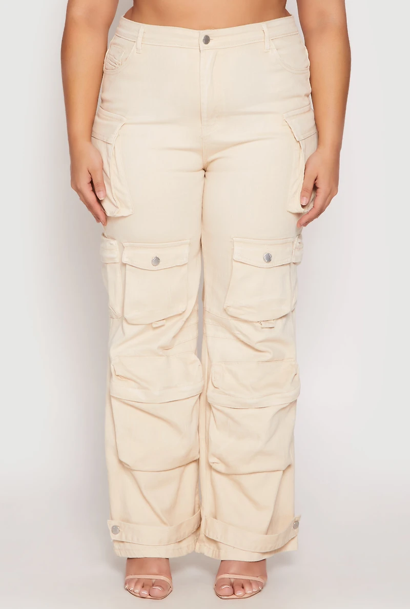 Womens Plus Size Daisy Mineral Wash Cargo Jeans, Khaki, Size 1X
