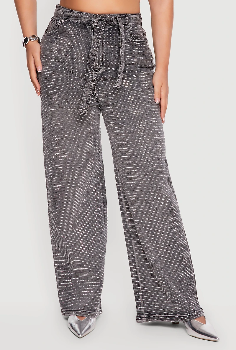 Plus Rhinestone Tie Waist Belted Wide Leg Jeans