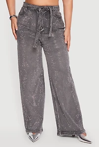 Plus Rhinestone Tie Waist Belted Wide Leg Jeans