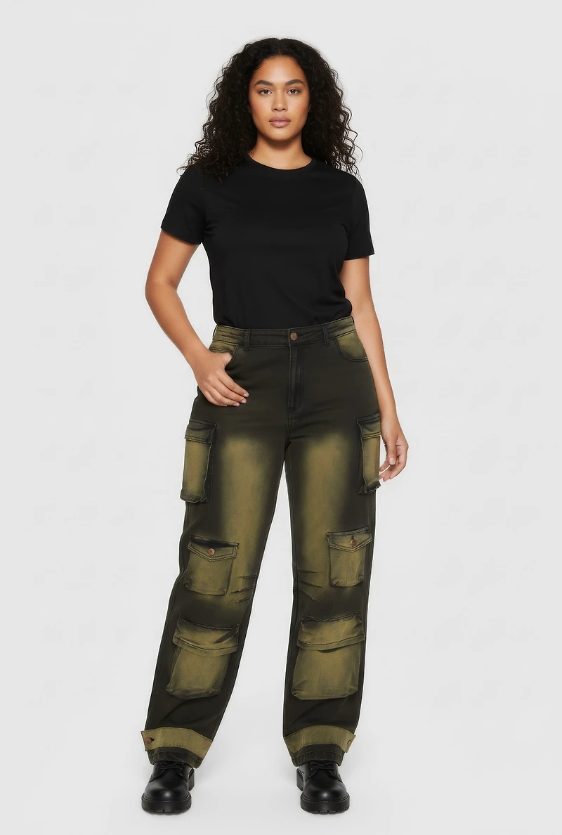 Plus Bleached Detail Wide Leg Cargo Pocket Jeans