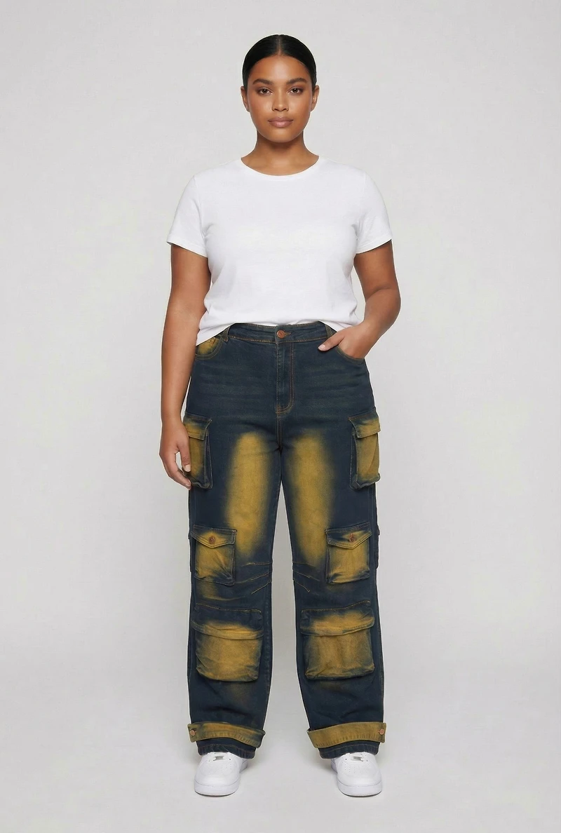 Plus Bleached Detail Wide Leg Cargo Pocket Jeans
