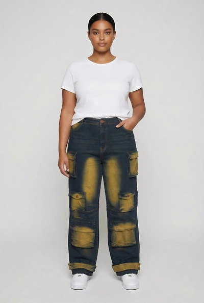 Plus Bleached Detail Wide Leg Cargo Pocket Jeans
