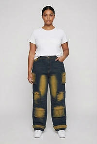 Plus Bleached Detail Wide Leg Cargo Pocket Jeans