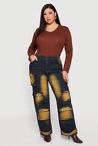 Womens Plus Size Whiskered High Waisted Wide Leg Cargo Jeans, Blue, Size 3X