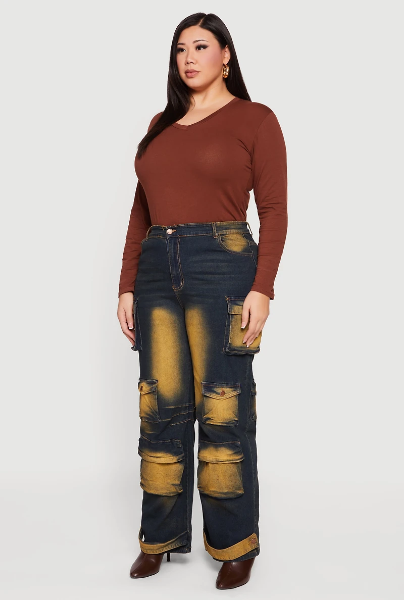 Womens Plus Size Whiskered High Waisted Wide Leg Cargo Jeans, Blue, Size 3X