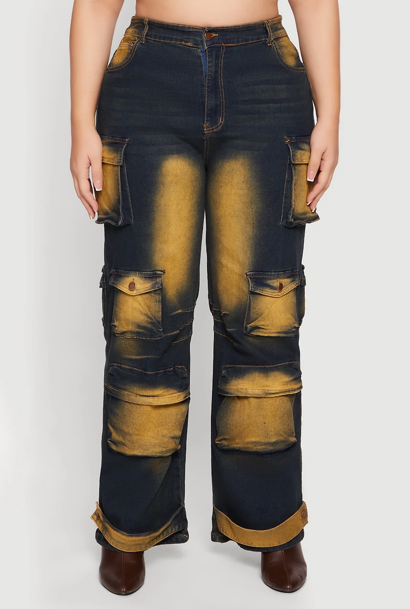 Womens Plus Size Whiskered High Waisted Wide Leg Cargo Jeans, Blue, Size 3X
