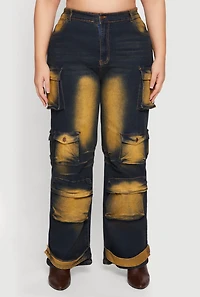 Womens Plus Size Whiskered High Waisted Wide Leg Cargo Jeans, Blue, Size 3X