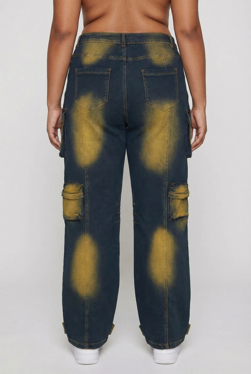 Plus Bleached Detail Wide Leg Cargo Pocket Jeans