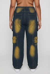 Plus Bleached Detail Wide Leg Cargo Pocket Jeans