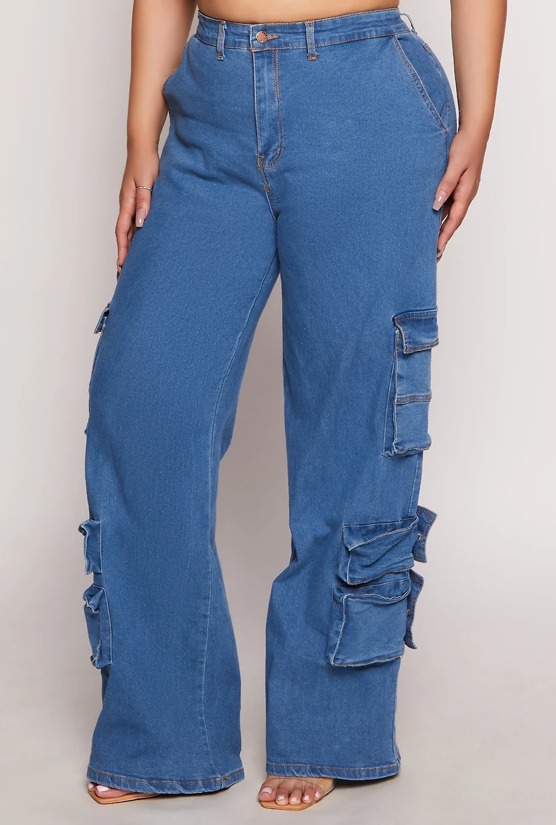 Womens Plus Daisy Wide Leg Cargo Jeans, Blue,