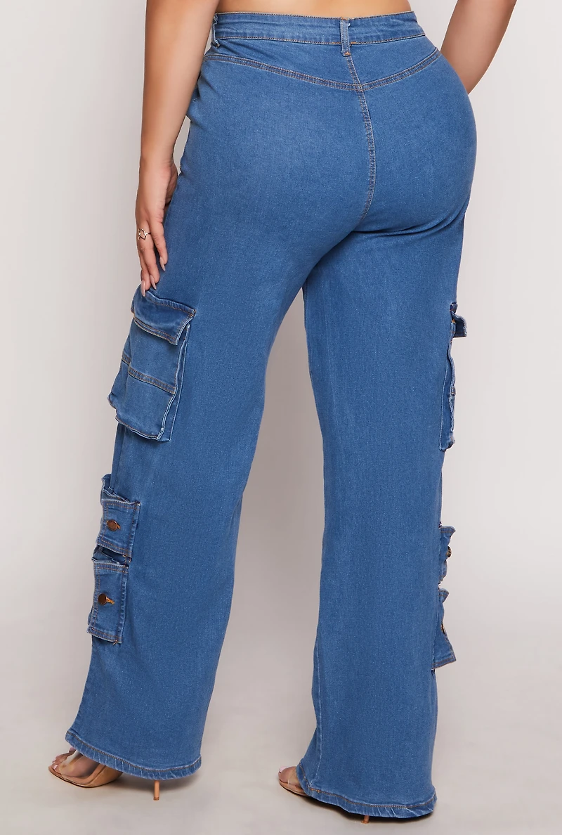 Womens Plus Daisy Wide Leg Cargo Jeans, Blue,