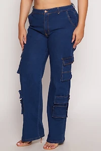 Womens Plus Size Daisy Wide Leg Cargo Jeans, Blue, Size 2X