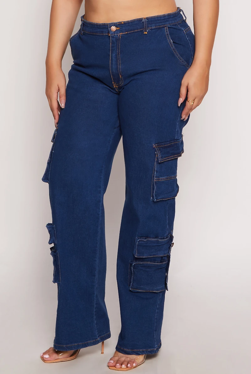 Womens Plus Size Daisy Wide Leg Cargo Jeans, Blue, Size 3X