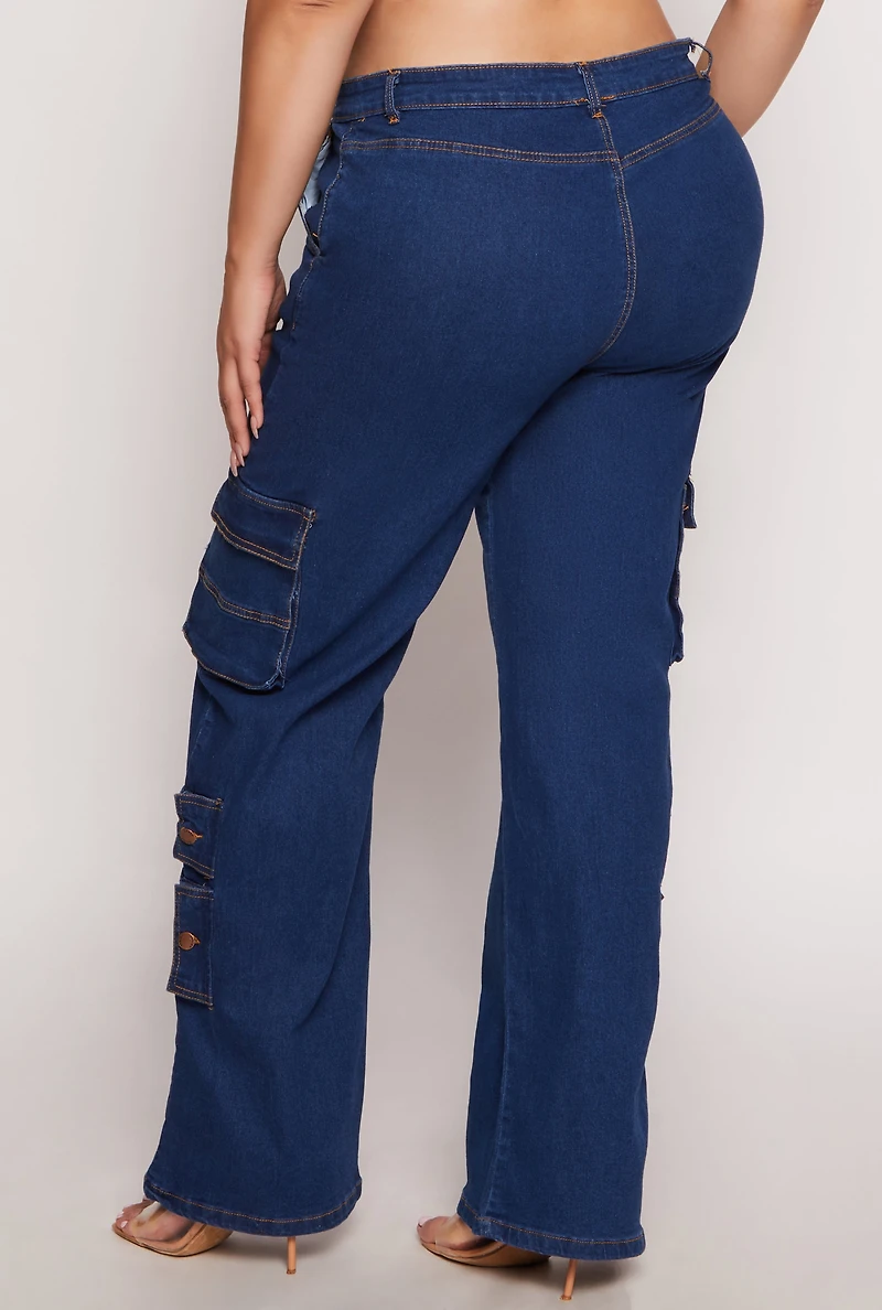 Womens Plus Size Daisy Wide Leg Cargo Jeans, Blue, Size 2X