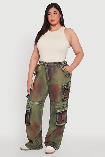 Womens Plus Size High Waisted Wide Leg Jeans with Cargo Pockets, Multi, Size 3X