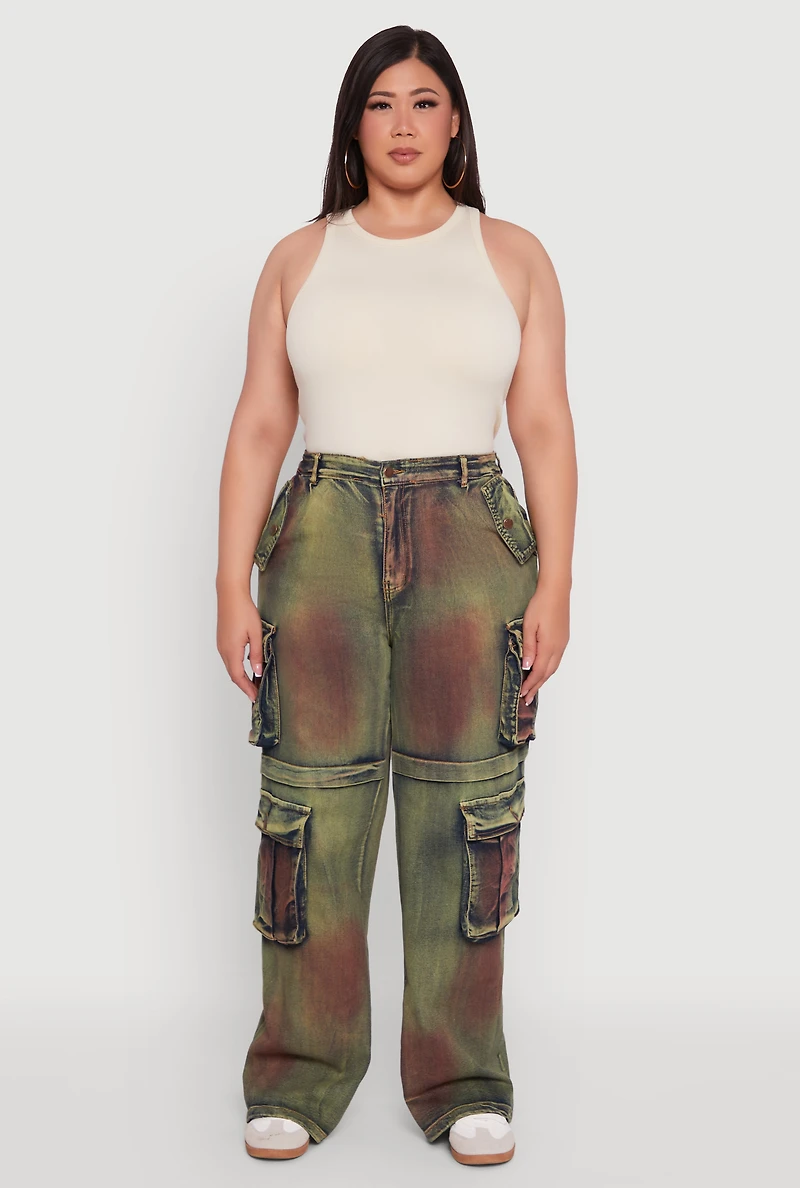 Womens Plus Size High Waisted Wide Leg Jeans with Cargo Pockets, Multi, Size 3X