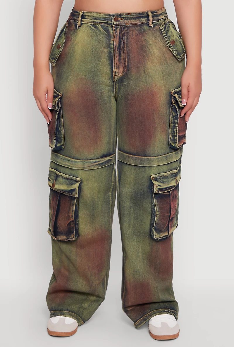 Womens Plus Size High Waisted Wide Leg Jeans with Cargo Pockets, Multi, Size 3X